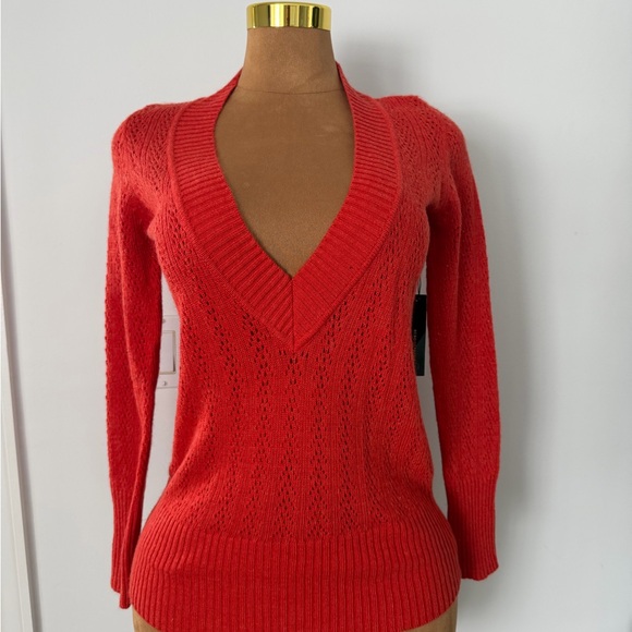BCBGMaxAzria Sweaters - BCBG Max Azaria Burnt Orange Deep V Neck Sweater Tunic Wool Angora Large NWT